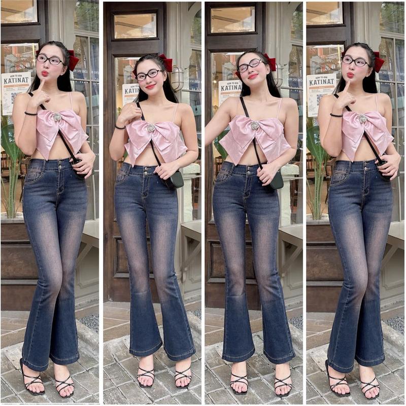 [90-92cm] Quần jean nữ ống loe NM Jeans, chất co giãn, đủ size từ 40kg đến 75kg, 4 màu, 9 tấc, 2 nút trơn - Pants, Women