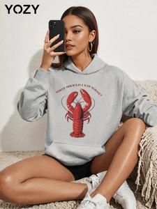 YOZY Women's Boston Lobster Print Pocket Hoodie, Casual Long Sleeve Hooded Sweatshirt for Fall & Winter, Women's Clothes for Daily Wear