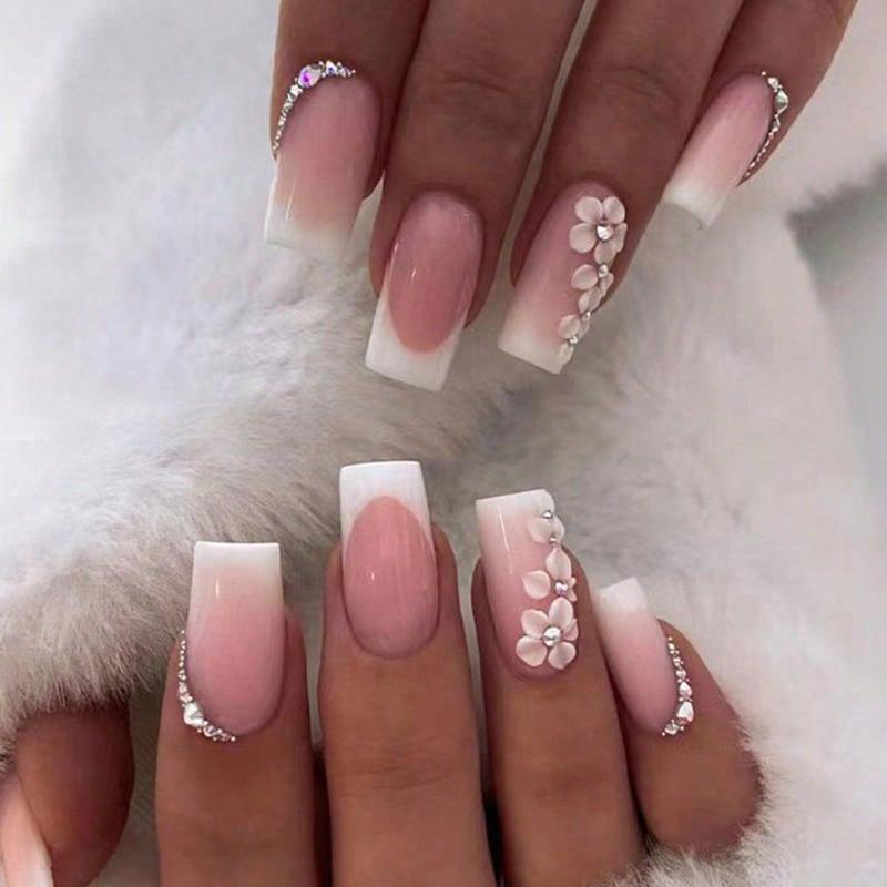 Colorblock Flower Pattern Press on Fake Nail for Women & Girls Nail Art, 24pcs Rhinestone Decor Fashion Press on Nails & 1 Sheet Tape & 1 Count Nail File, Elegant Stick on Nails Kit for Women's Gift 0
