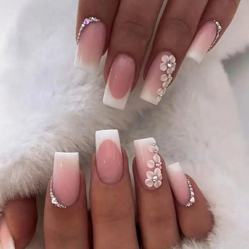 Colorblock Flower Pattern Press on Fake Nail for Women & Girls Nail Art, 24pcs Rhinestone Decor Fashion Press on Nails & 1 Sheet Tape & 1 Count Nail File, Elegant Stick on Nails Kit for Women's Gift 0