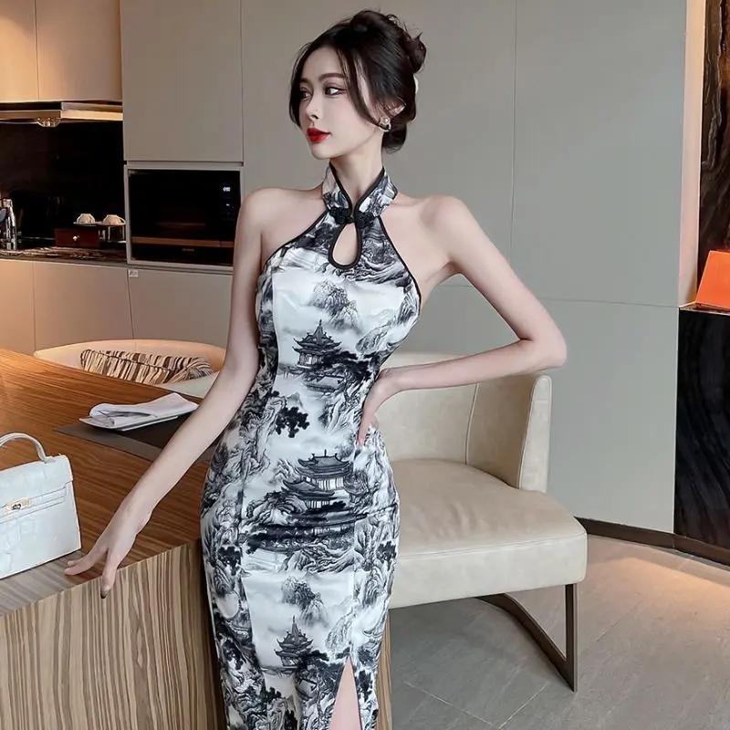 Đầm Ôm Sát Sườn Xám, Phong Cách Cổ Điển Thanh Lịch, In Mực Xẻ Tà, Dáng Ôm, Cải Thiện Vai Rò Rỉ Women Dress