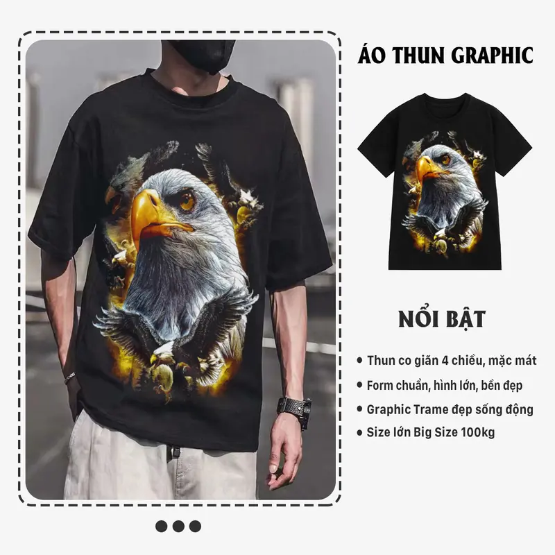 Áo Thun Nam Nữ Cổ Tròn Tay Ngắn Big Size Cotton 100 Đen In Hình Đại Bàng 1