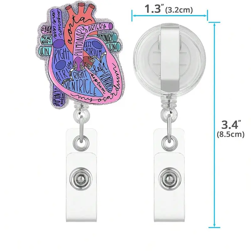 Heart Pattern Badge Holder, 1 Count Retractable Badge Reel with ID Clip, Identification Badges & Supplies for Nurse Doctor Student Worker 1
