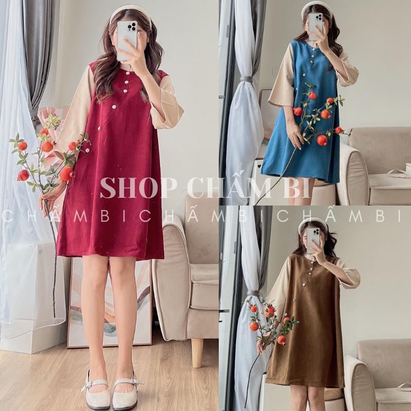 XẢ HÀNG Áo dài cách tân nữ V.135 Váy áo dài dáng suông 2 màu phối tay be chất nhung tăm cực xinh - Thời trang nữ Chấm Bi