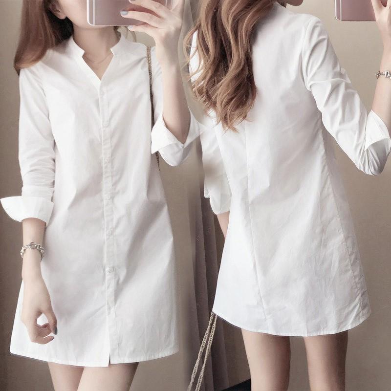 Đầm Sơ Mi Ôm, Thời Trang Nữ Và Bé Gái, Màu Trắng, Dài Tay, Đường Viền Cổ Chữ V Women Dress Váy 5