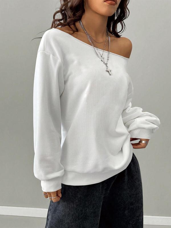 Women's Plain Off The Shoulder Sweatshirt, Casual Street Fashion Long Sleeve Pullover for Daily Wear, Ladies Spring Clothes 5
