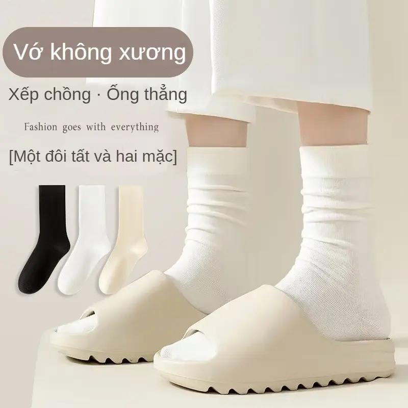 Tất cao cổ nữ trơn cao cấp 3 màu loại đẹp cotton dầy dặn, Vớ Cao cổ nữ chất vải mềm mịn Women Kem TATNU09