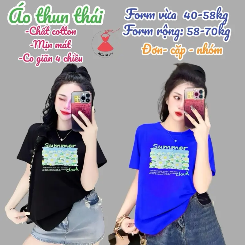 Áo Thun Nữ [Mã A132] [Summer hoa]- 2 Form 40~72kg Top Cổ Tròn Women Cotton Nhung Trắng