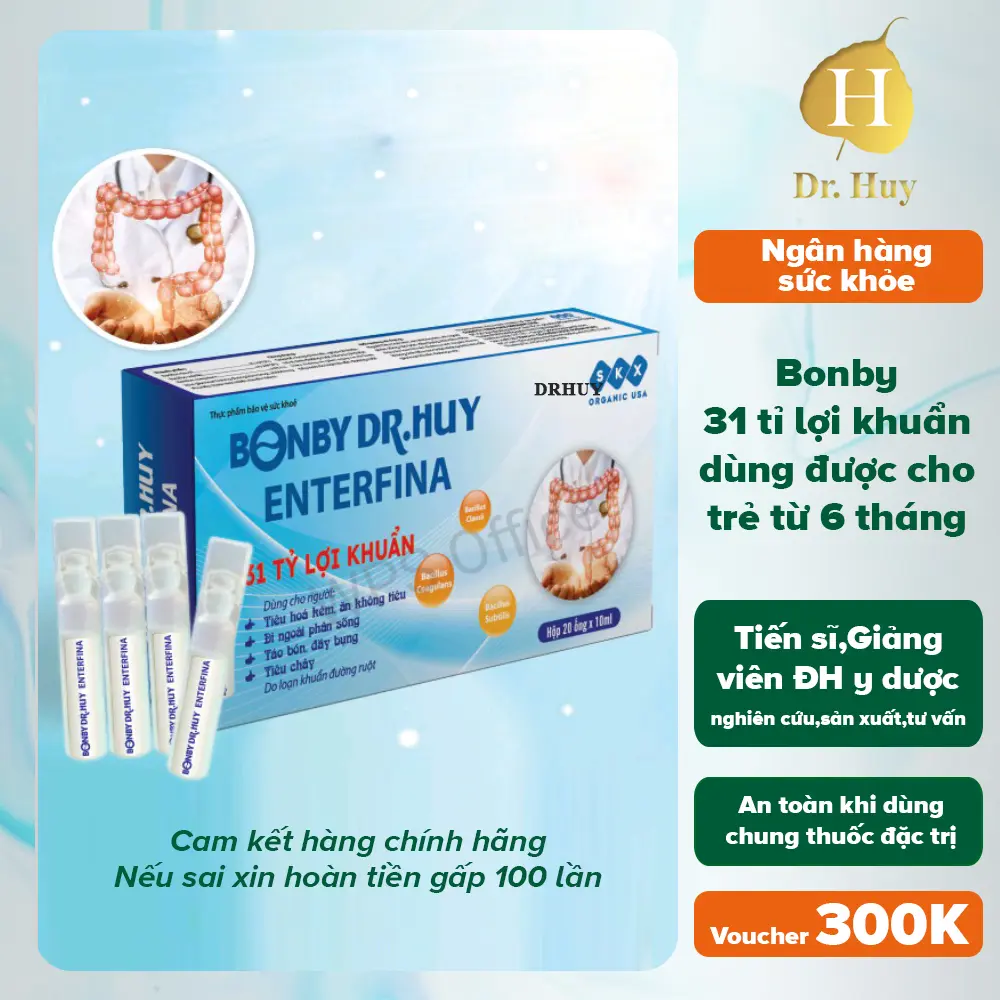 Men vi sinh dùng cho Viêm Đại Tràng, Táo bón, Tiêu chảy - Bondy DRHUY 31 tỷ lợi khuẩn (Hộp 20 ống x 10ml)