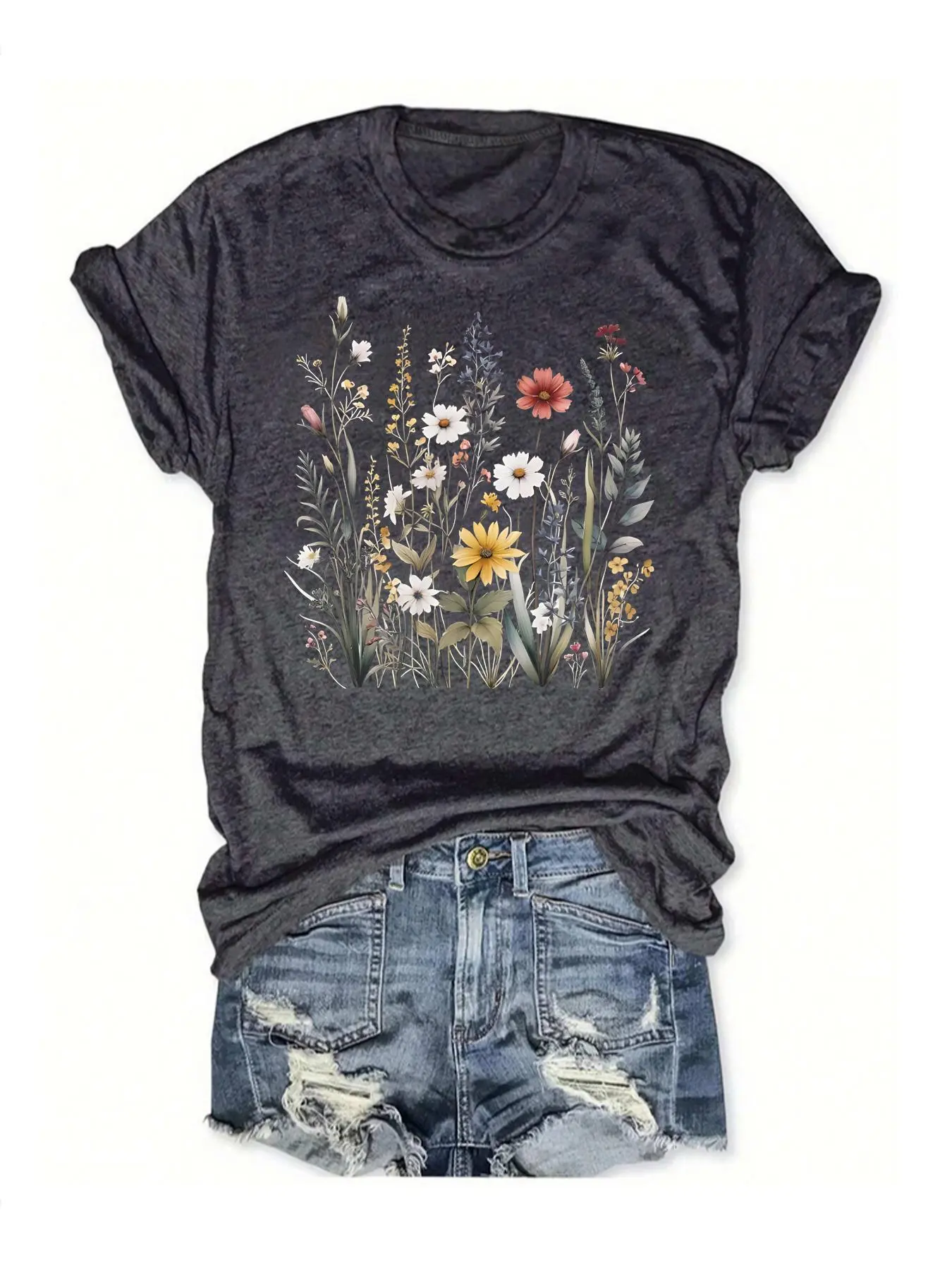 Women's Floral Print Round Neck Tee, Vintage Trendy Casual Fitted Short Sleeve T-Shirt for Daily Wear, Ladies Summer Outfit