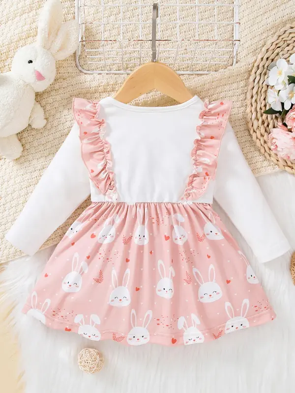 Baby's 2 In 1 Cartoon Rabbit Print Ruffle Trim Long Sleeve Dress, Cute Bow Front Round Neck A Line Dress for Baby Girls, Newborn Infant Kids Spring & Fall Clothes 1