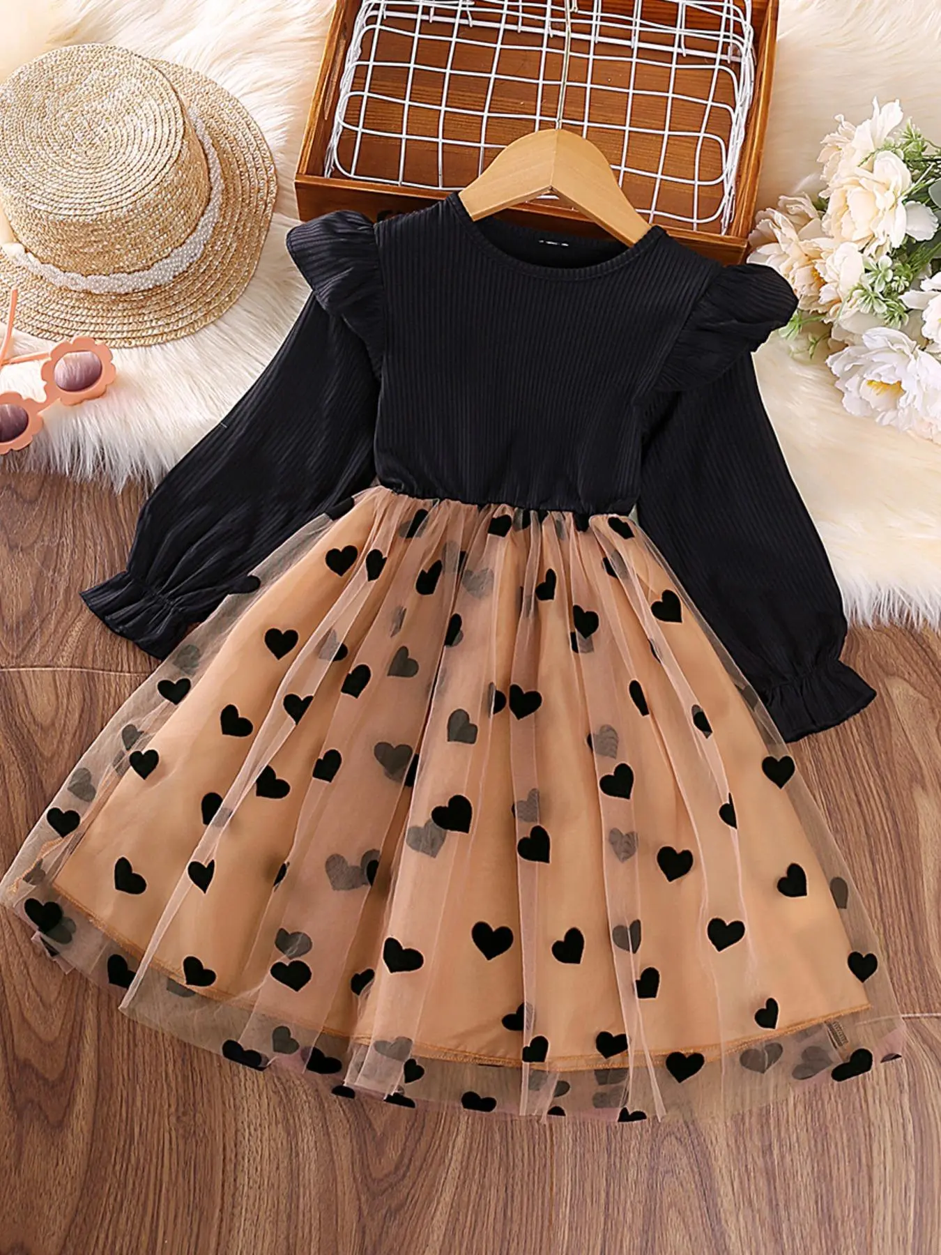 Toddler Girls' Contrast Mesh Heart Print Ruffle Trim A-line Dress, Elegant Cute Bishop Sleeve Dress For Little Girls Wedding Guest Party Photo Shoot, Kids Clothing For Fall & Winter, Kids Clothes