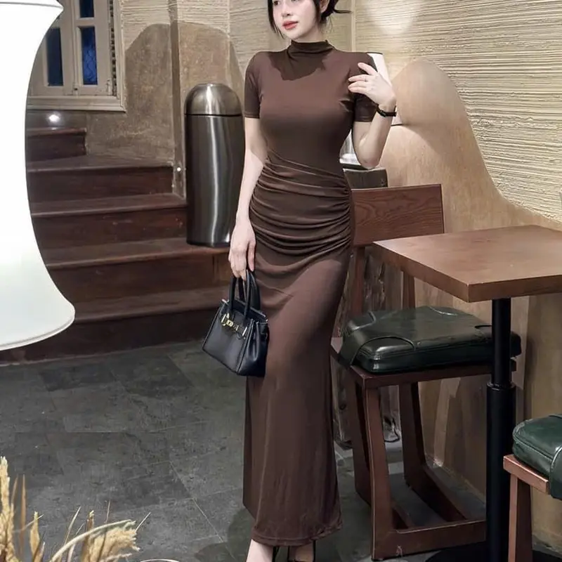 Đầm Body Cổ Cao Tay Ngắn Giấu Bụng dáng dài tôn dáng 6