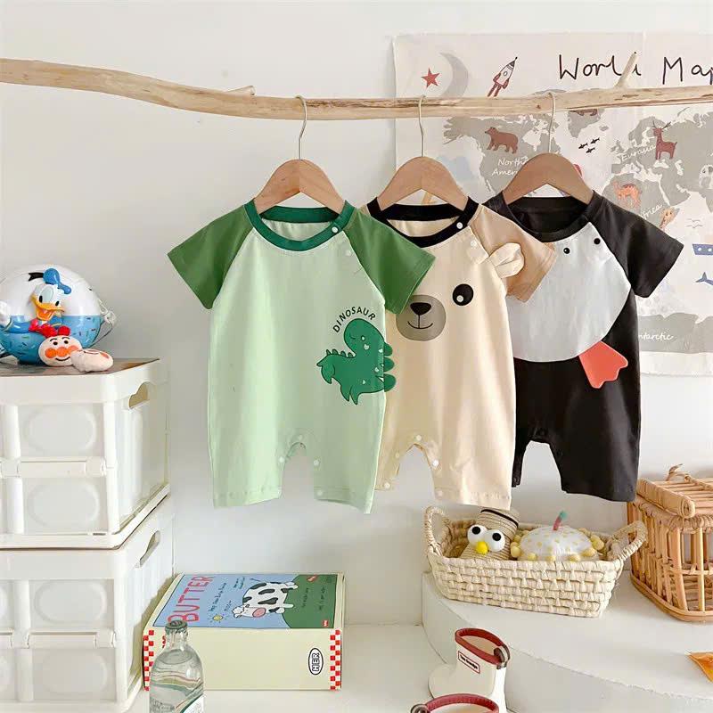 Bộ body ngắn tay bodysuit cho bé trai bé gái H10725-1 Jumpsuit Mẫu Khủng Long Gấu Cánh Cụt Voi Hổ