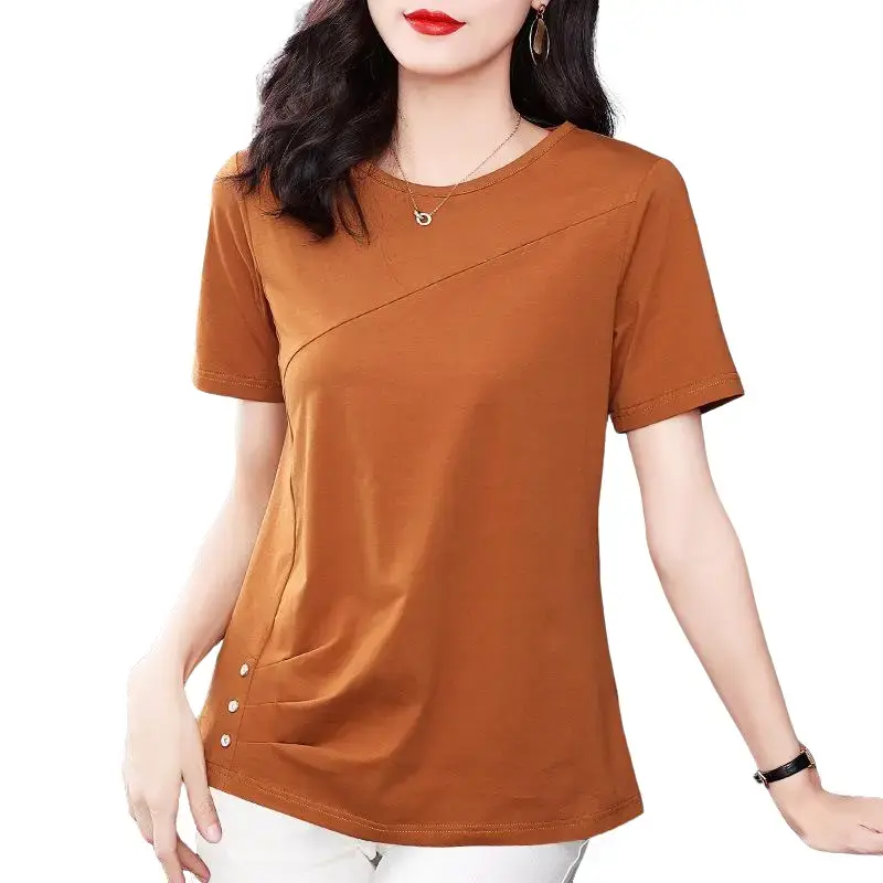 Áo Thun Ngắn Tay Màu Trơn Hàng Mới Về Mùa Hè Cho Phụ Nữ Trung Niên Thường Ngày Ngoại Cỡ Quần Áo Nữ Dáng Rộng Vừa Vặn Áo Thun Thời Trang Top Women Cổ Tròn