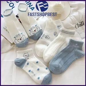 5PASANG  Kaos Kaki Pendek Bear Biru / Kaos Kaki Wanita Fashion Ala Korea / Kaos Kaki Beruang Biru Putih Motif Panjang Dewasa Garis