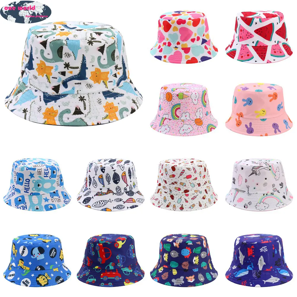OW Summer Bucket Hats Baby Boys Girls Hats Toddler Cartoon Animal Print Sunscreen Caps Sun Headwear