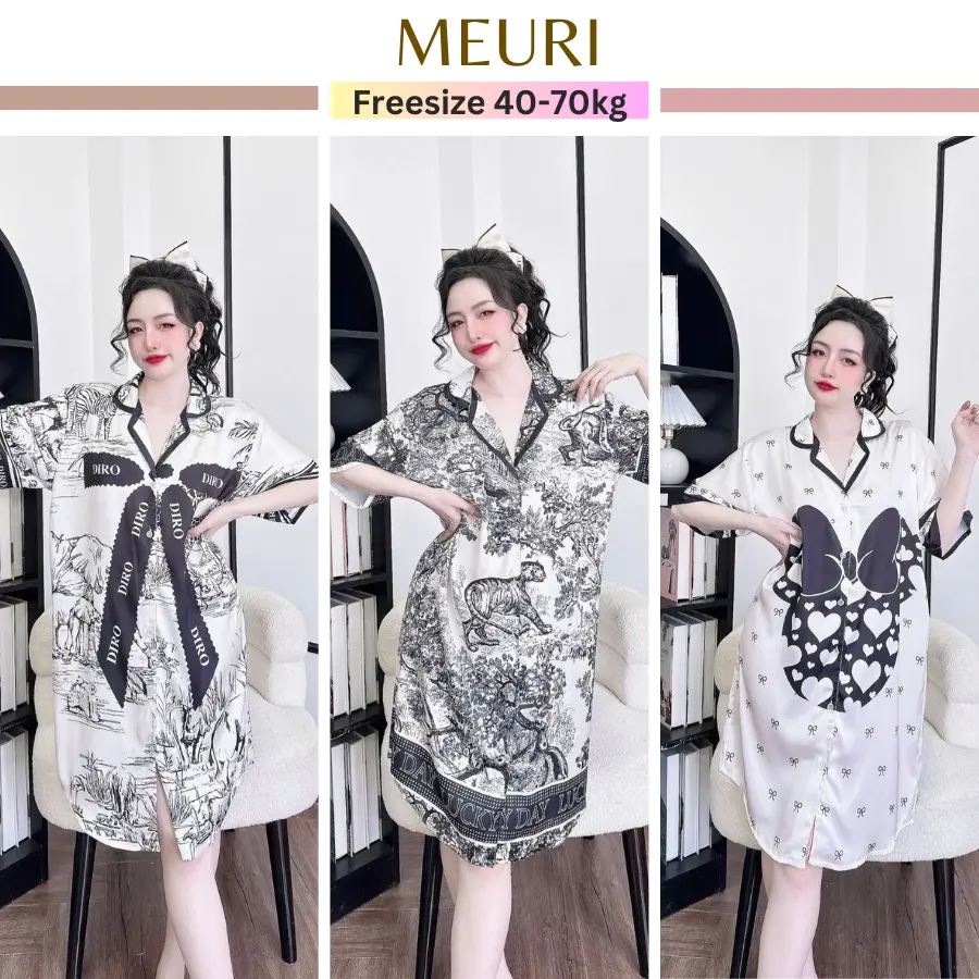Váy ngủ sơ mi lụa latin bigsize in hình dễ thương.