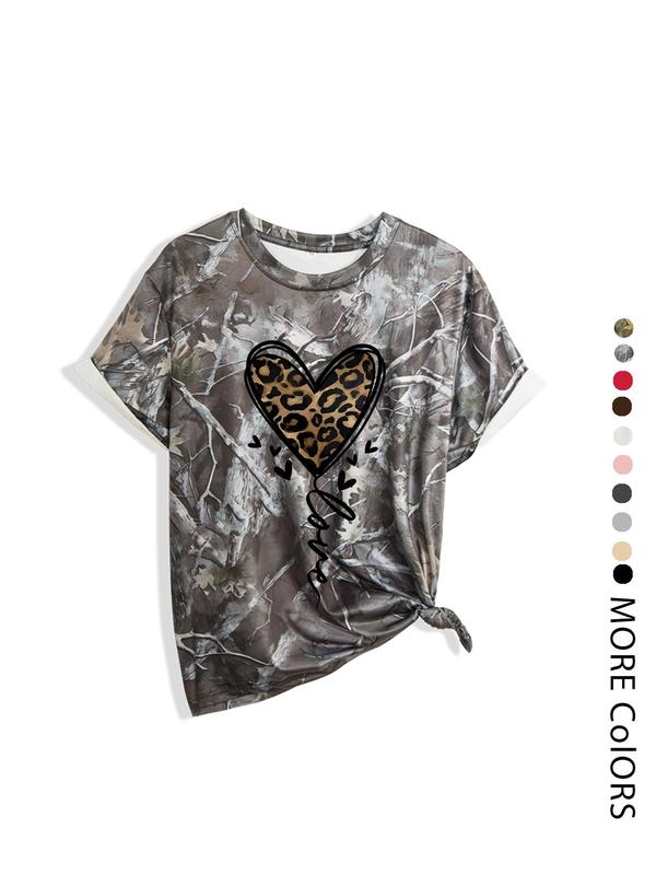Women's Heart & Leopard Print Drop Shoulder Tee, Casual Half Sleeve Round Neck T-Shirt for Daily Wear, Ladies Clothes for All Seasons, Graphic Tees Women, Women's Clothing, Womenswear 6