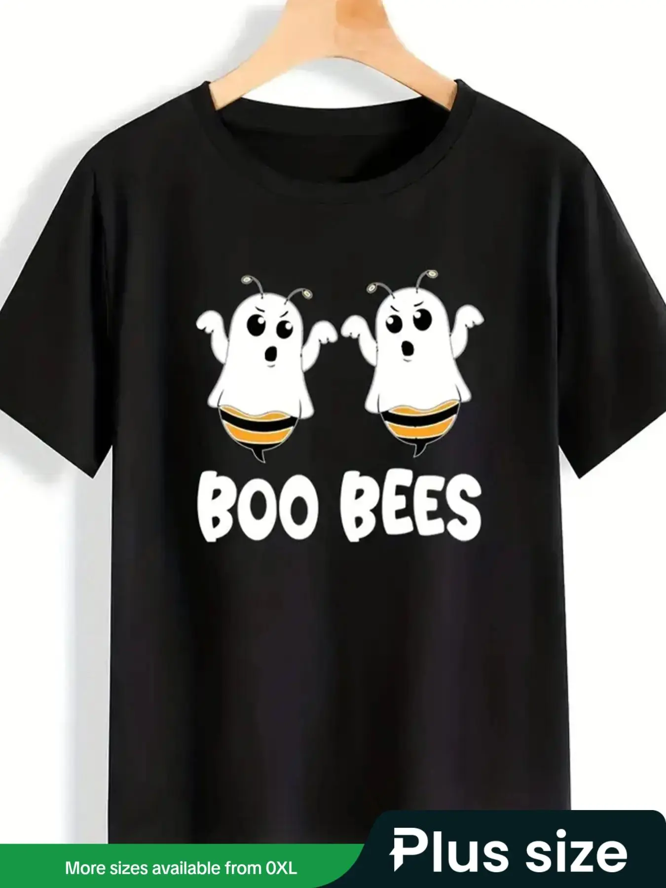 Plus Size Cartoon Ghost & Letter Print Round Neck Tee, Casual Short Sleeve Crew Neck T-Shirt, Women's Plus Clothing for Daily Wear