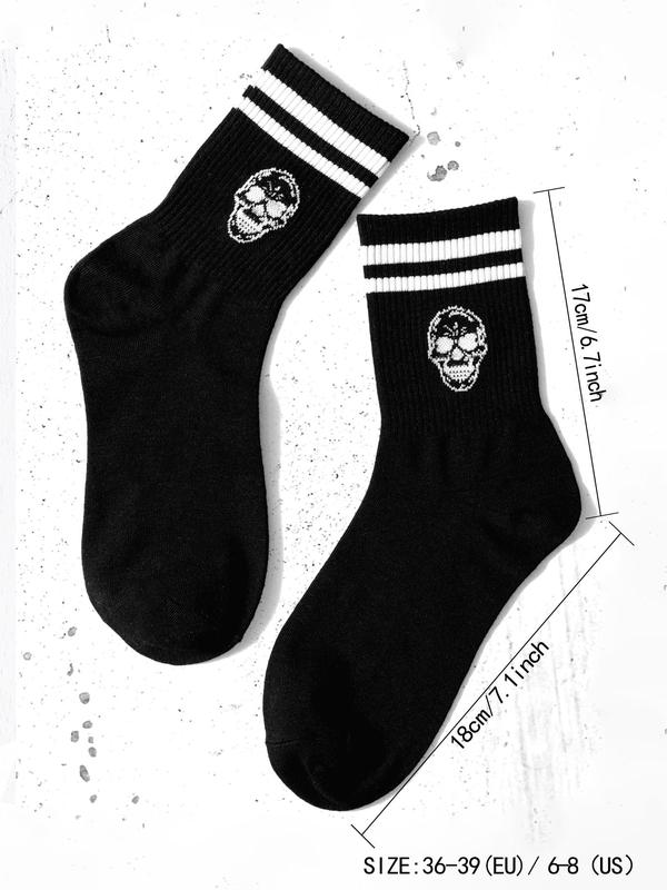 Women's 1 Pair Skull & Striped Pattern Crew Socks, Sporty Casual Mid-calf Socks, Ribbed Knit Socks for Women, Women's Hosiery 1