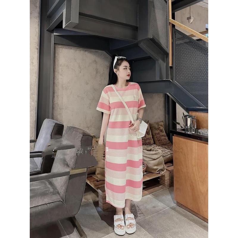￼Váy V62, Đầm Suông Kẻ Xanh Thêu Hình Hổ From Rộng , Dáng Dài Chất Cotton 0