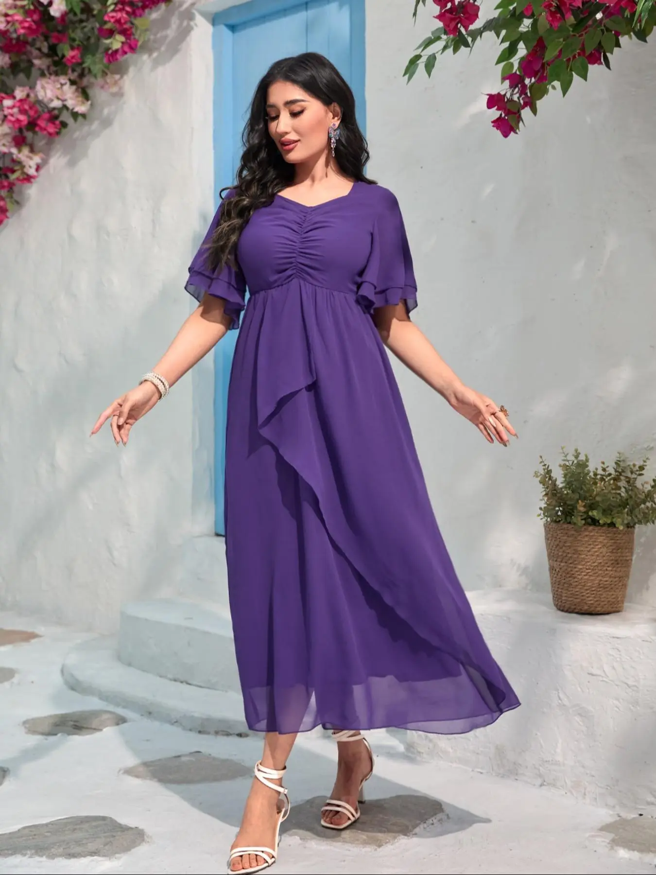 Women's Plain V Neck Ruffle Trim Chiffon Dress, Elegant Chic Bishop Sleeve Long Dress for Party Holiday Wedding Guest, Ladies Clothes for All Seasons