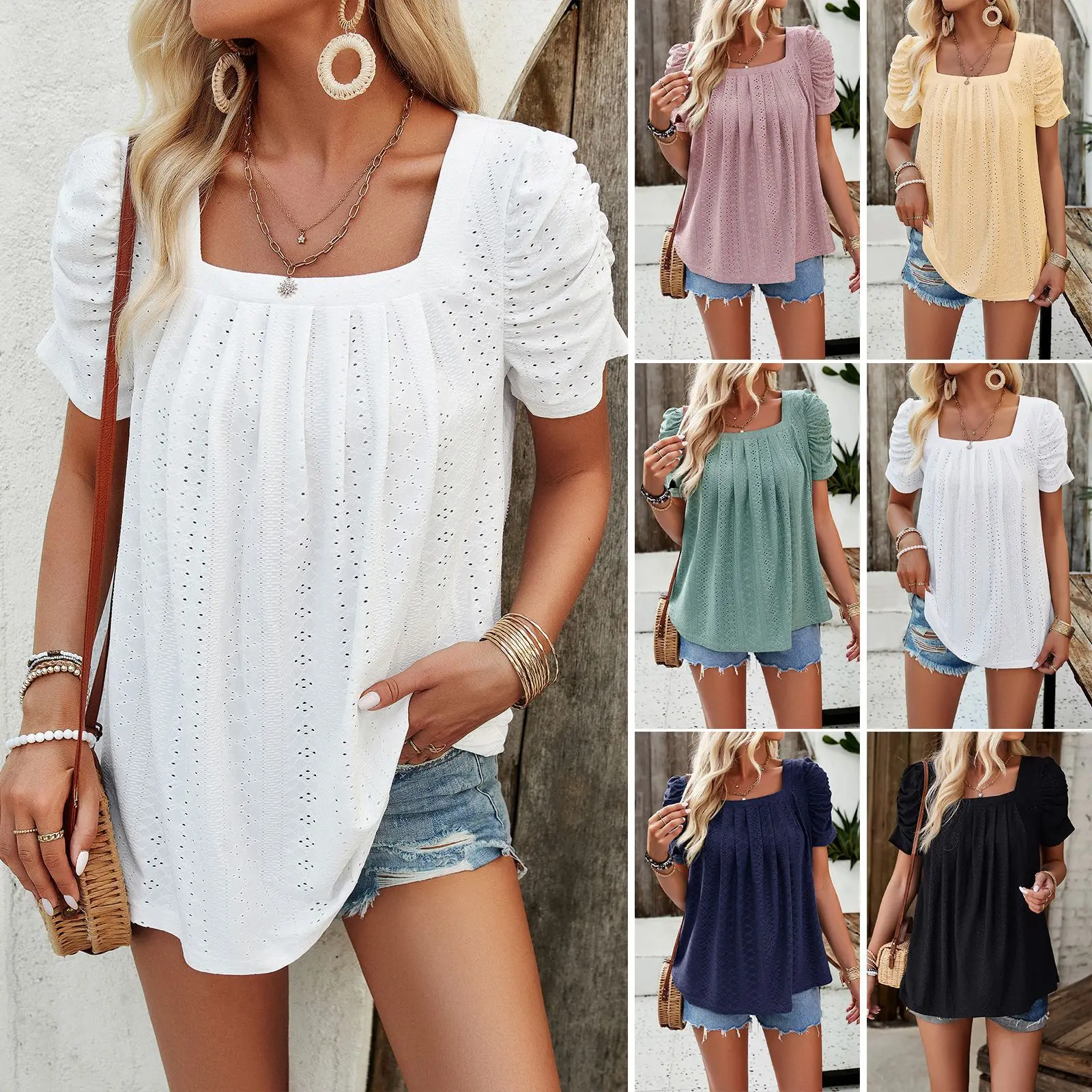 2025outfit Women's Clothing Spring and Summer Leisure Solid Color Square Collar Hollow out Short Sleeve Shirt Top Blouses Womenswear
