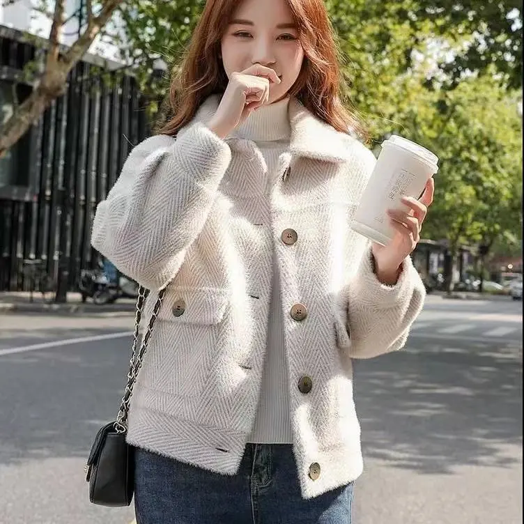 Áo Khoác Ngắn Len Giống Lông Chồn, Dành Cho Nữ, Áo Cỡ Nhỏ Phong Cách Hàn Quốc, Dễ Phối Đồ Áo Khoác Lông Chồn Vàng, Trang Phục Nữ Mùa Thu Đông, Năm 2024 4