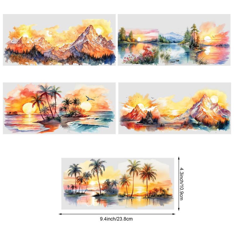 Product Introduction of Summer Sunset Pattern UV DTF Cup Sticker, 5 Counts/set Waterproof UV DTF Sticker, Decorative Sticker for 16oz Glass Cup, DIY, Furniture, Crafts 1