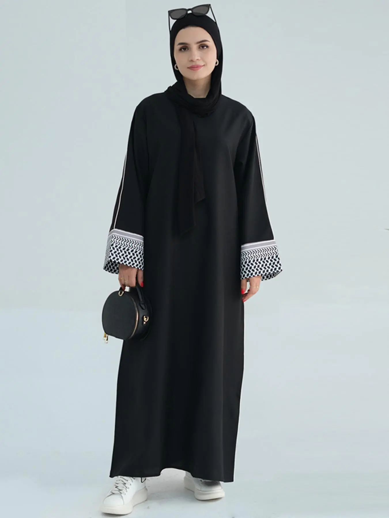 Women's Patchwork Side Striped Zipper Back Long Sleeve Kaftan, Elegant Modest Round Neck Long Dress for Party Holiday, Ladies Fall & Winter Islamic Clothing, Muslim Dresses for Women