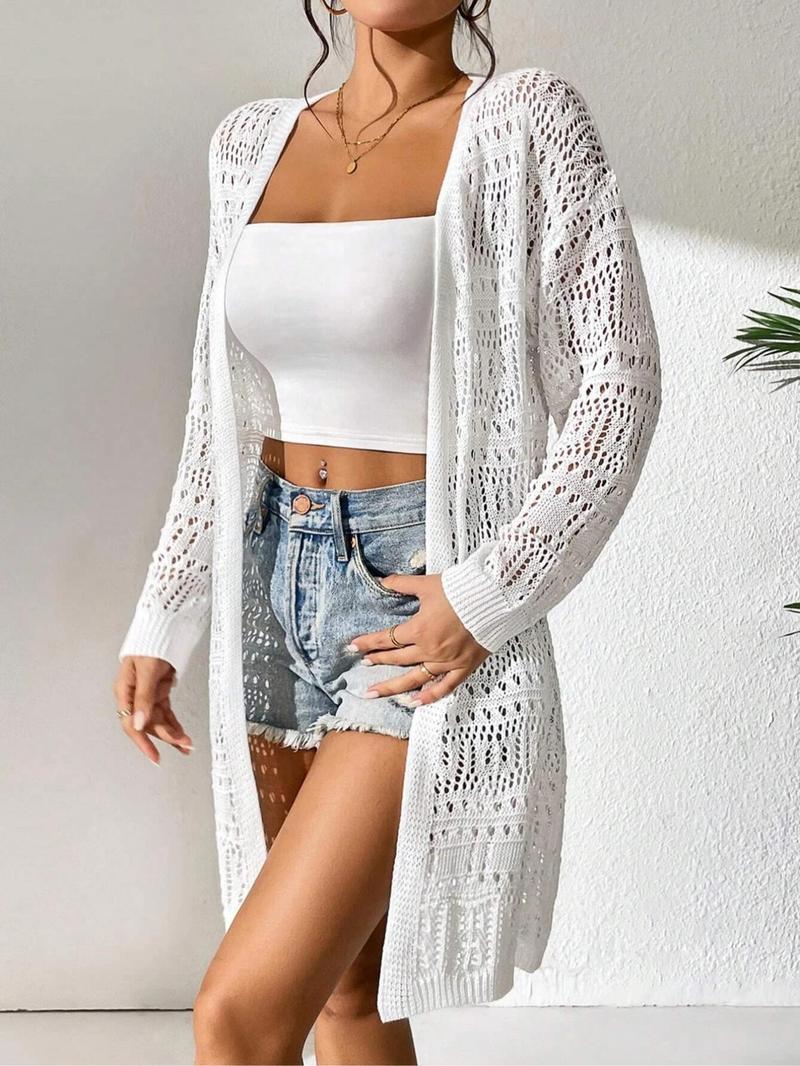 Product Introduction of Women's Solid Hollow Out Sheer Open Front Cardigan, Casual Drop Shoulder Long Sleeve Outerwear for Summer, Fashion Women's Clothing for Daily Wear 4