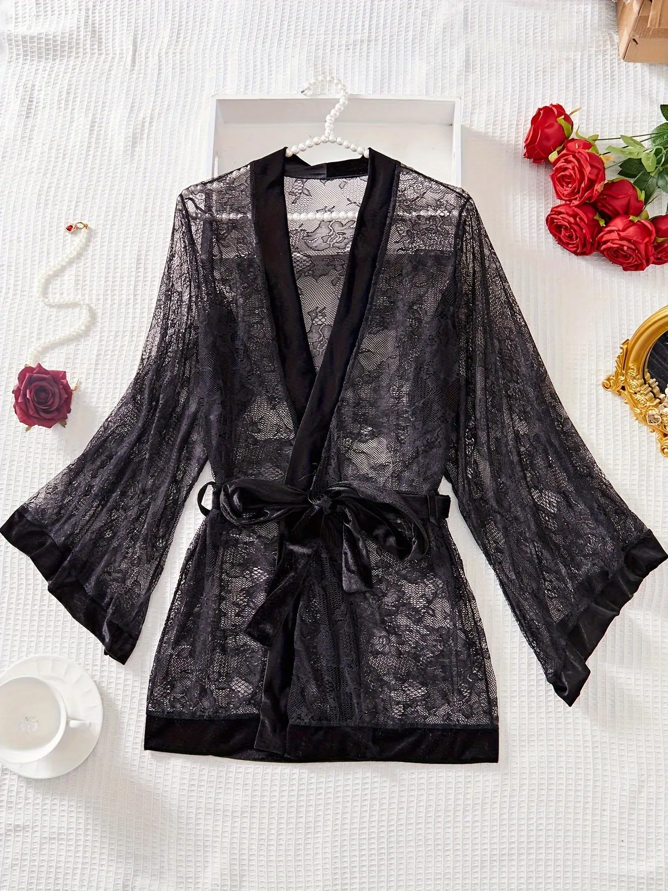 Women's Floral Lace Sheer Belted Robe, Sexy Comfort Long Sleeve Dressing Gown, Elegant Night Robe for Women, Women Sexy Lingeries