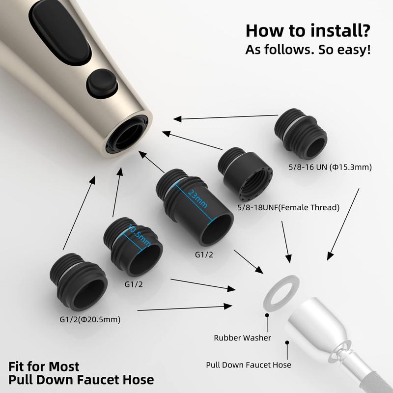 Pull Down Kitchen Faucet Head Replacement, 1 Count 3-Function Kitchen Faucet Head Sink Spray Nozzle with 9 Adapters, Kitchen Fixtures Compatible with Moen, American Standard, Delta, Kohler Faucets 3