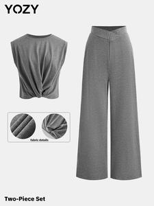 YOZY Women's Solid Color Twist Front Top & Wide Leg Pants, Casual Fashion Cozy Top & Trousers for Daily Outdoor Wear, Ladies Clothes for Summer