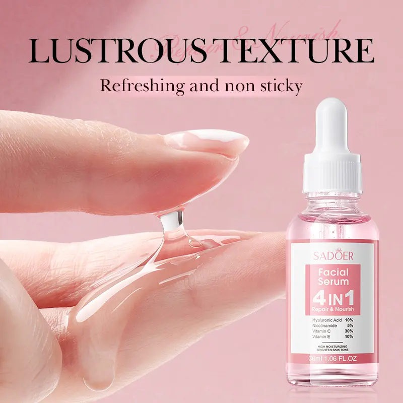 SADOER 4 In 1 Facial Serum Brightening untuk Mencerahkan dan Meratakan Warna Kulit Wajah with Niacinamide Pelembab Wajah untuk Memperbaiki Skin Barrier dan Menghidrasi Kulit with Hyaluronic Acid, Ceramide【BPOM】