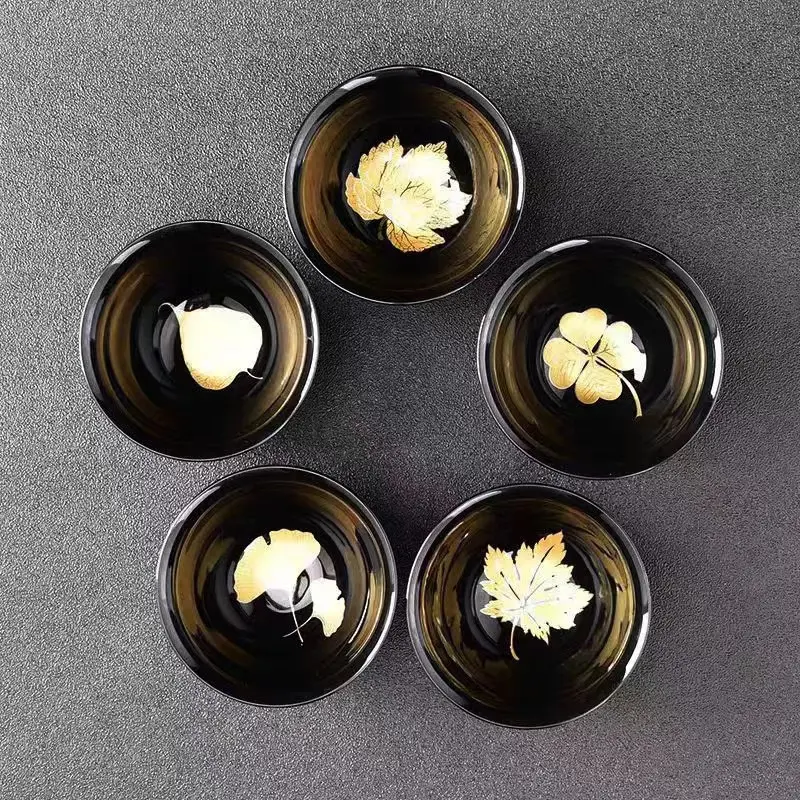 Jianzhan Golden Black Glaze Porcelain Master Cup Gold Leaf Kung Fu Tea Cup Four-Leaf Clover Ginkgo Leaf Tilia Europaea