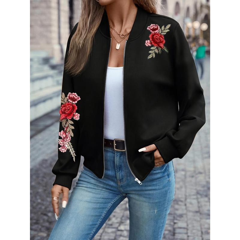 TikTok Shop Floral Embroidery Bomber Jacket Elegant Long Sleeve Zipper Jacket Women s Clothing