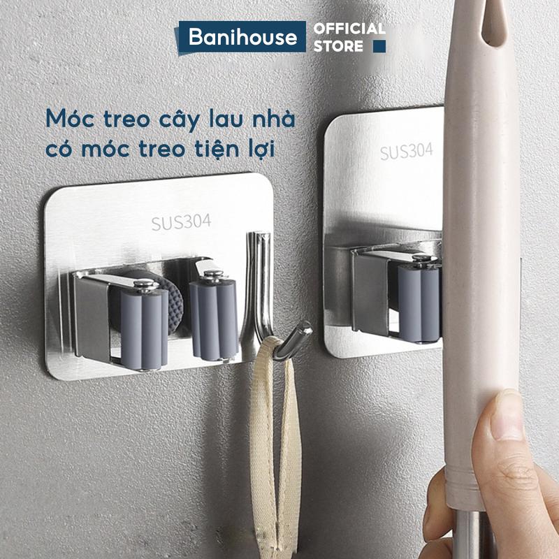 Móc Treo Cây Lau Nhà Inox 304 Banihouse Móc Dán Tường Kẹp Chổi Lau Nhà Kèm Móc Treo Đồ Thông Minh Treo Tường