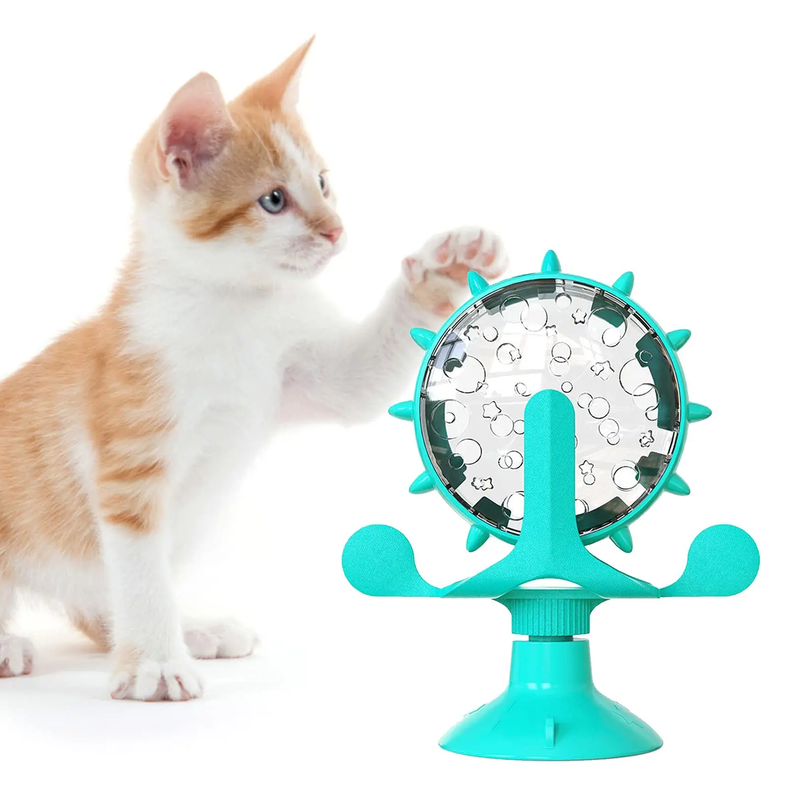 Interactive Cat Food Treats Dispenser Toy for Indoor Cats, 360° Rotating Windmill Suction Cup Toys for Small Pet, Puzzle Original Slow Dog Feeder Snack Distribution & Exercise Wheel Toy