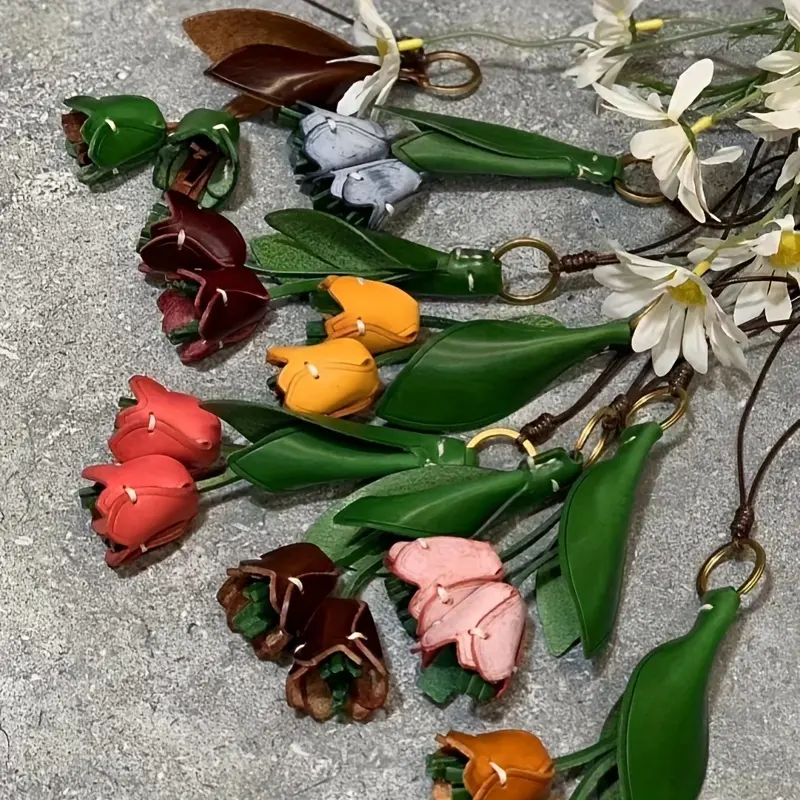 bag charm [Leather Keychain] Colorful Handmade PU Leather Rose Keychain | Tulip Flower Design with Metal Ring, Accessory for Womens Bags, Wallets, or Keys, Perfect Valentines Day Gift, Bag Accessory | Decorative Keychain | PU Leather Tulip 1