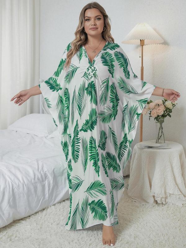 【Plus Size】 All Over Print V Neck Dress, Casual Split Hem Batwing Sleeve Long Dress for Spring & Fall, Women's Clothes for Daily Wear, Dresses for Women, Plus Size Dresses, Wedding Guest Dress 7