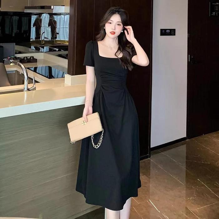Long Black Dress Casual Promo 25010 Black Dress Hitam Polos Kondangan  Simple Elegan Korean Style Wanita