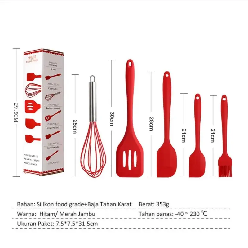 Set Alat Masak Silikon Tahan Panas 5 Pcs - Spatula, Kocokan Telur, Kuas Kue Food Grade** Peralatan Kitchenware Teflon 2