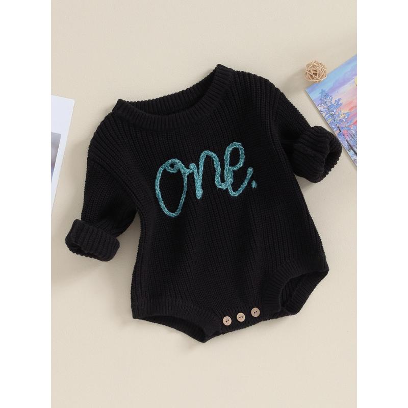 Infant Baby Knit Jumpsuit Letter Embroidered Long Sleeve Round Neck Romper Fall Winter Outfits 8