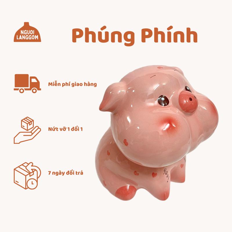   Lỗ tròn  Lợn đất heo đất ống heo tiết kiệm heo hồng phúng phính ngồi xổm cute dễ thương - Bát Tràng 