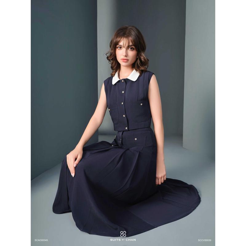 SUITS BY CHAN - Áo cổ sen phối nút, Váy dài xếp li dáng A - SCAO00045 SCCV00039 Nữ Women 2