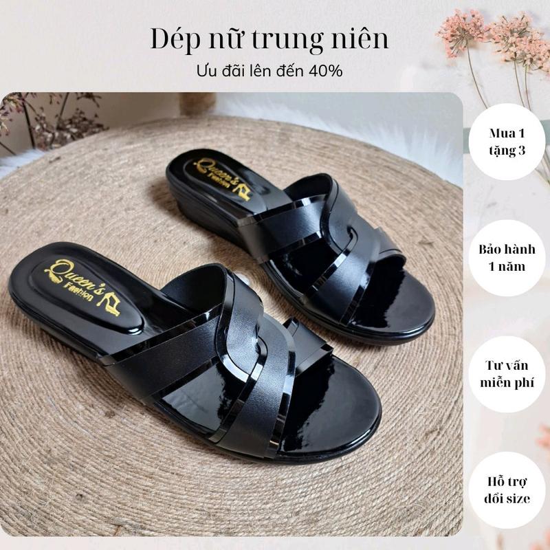 [ƯU ĐÃI LỚN] Dép nữ trung niên thiết kế phần quai da mờ và da đen bóng gồm 2 loại cao 3 cm và 5cm  đế chống trơn trượt DéP GiàY