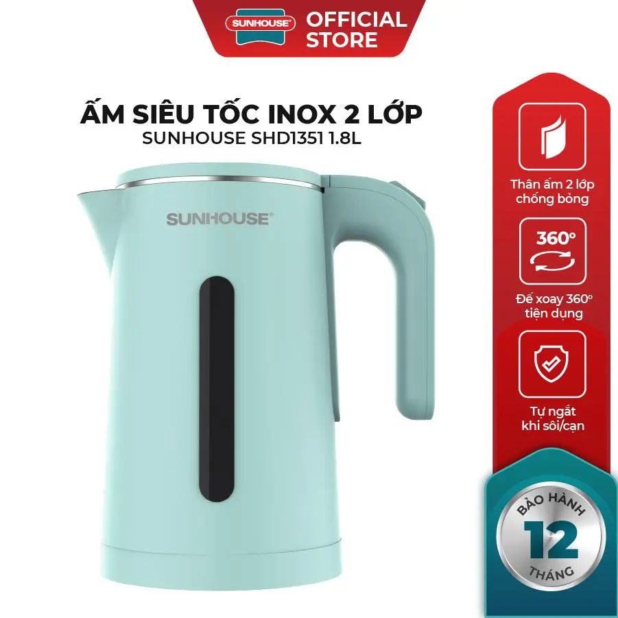 Ấm siêu tốc Inox 2 lớp 1.8L Sunhouse SHD1351 màu xanh [1]