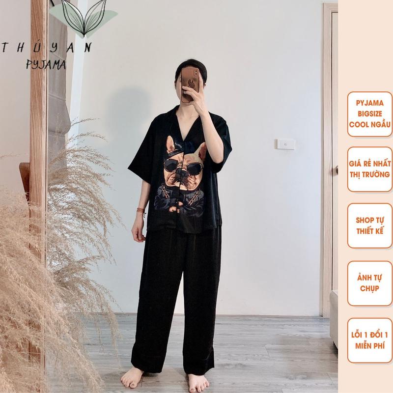 Bộ Pijama Bigsize chó Pitbull vàng cộc dài mặc nhà dành cho nữ hay mẹ bầu từ 60kg - 90kg. đồ  ngủ